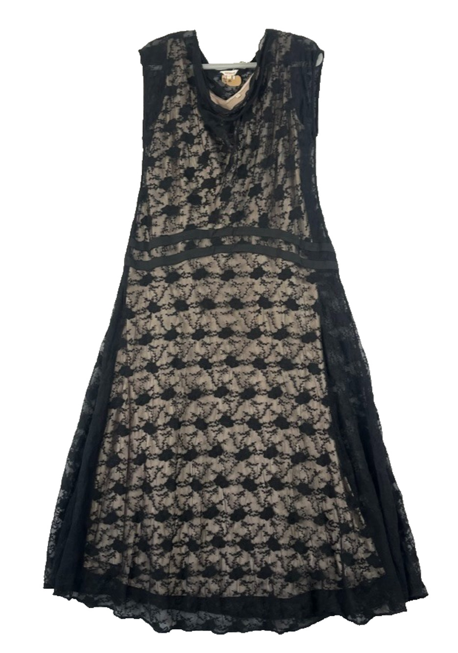 Sundance Black Floral Overlay Lace Midi Dress Large Nude Lining Cowl Neck